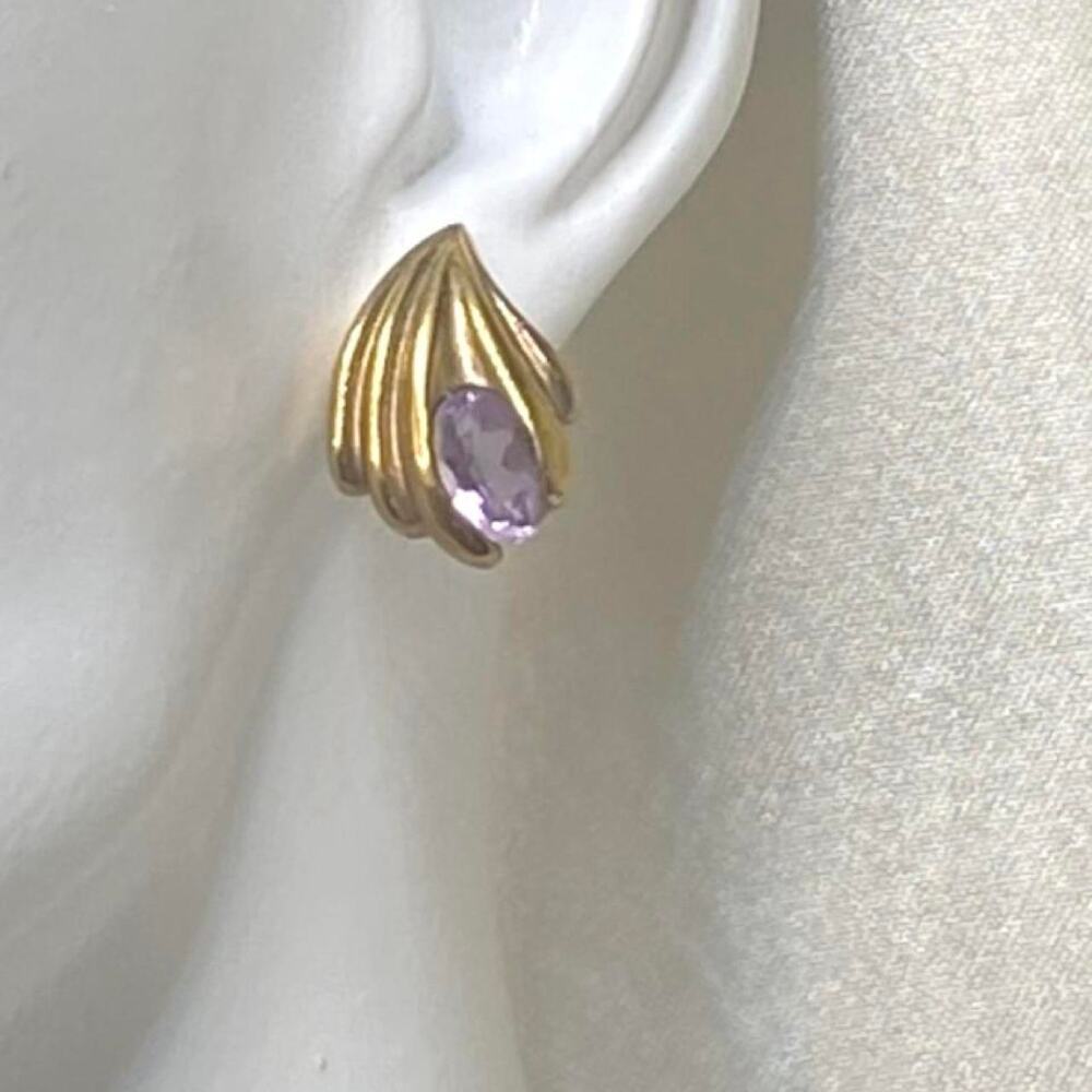 Vintage 1980s Amethyst Earrings Gold Tone Sculptural Oval Pierced Earrings